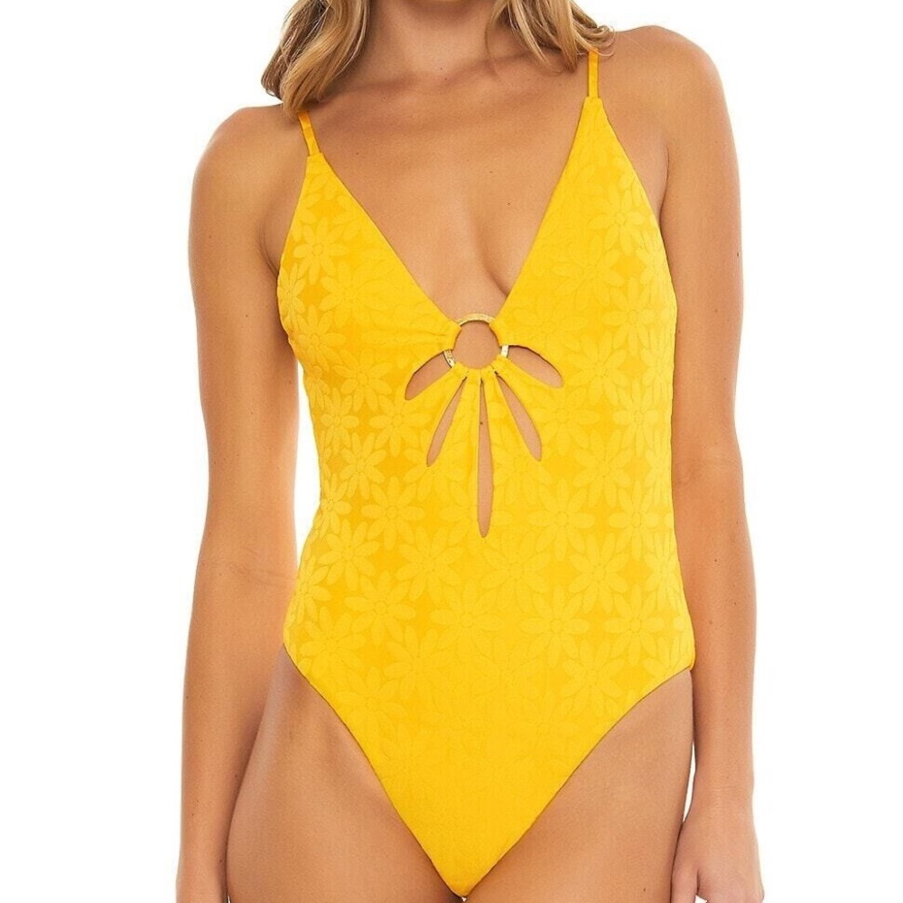 TRINA TURK yellow Joplin Jacquard Cutout Plunge One-Piece Swimsuit Size 12 NWT - Picture 1 of 11